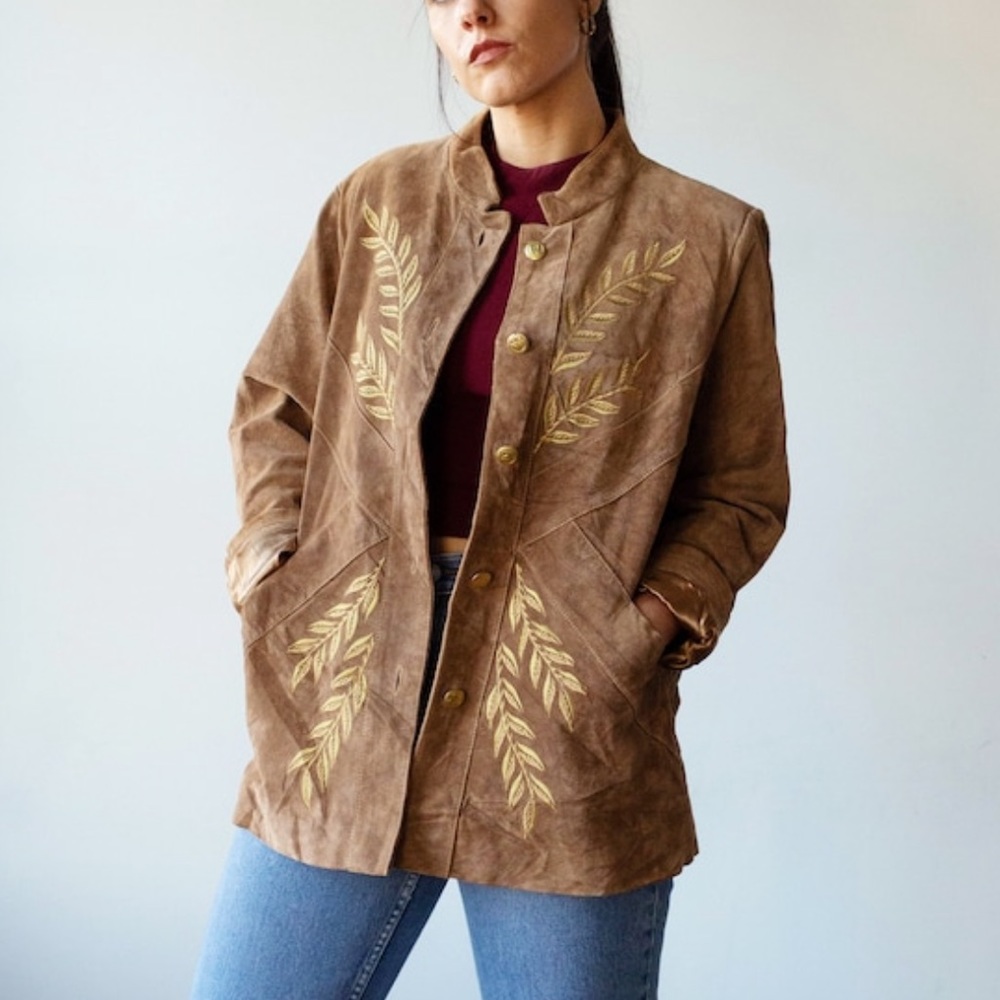 Vintage 90s Gold Embroidered Suede Jacket